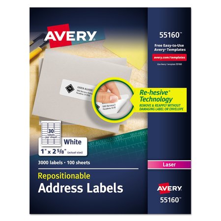 AVERY Repositionable Address Labels w/SureFeed, Laser, 1x2.625, Wht, PK3000 55160